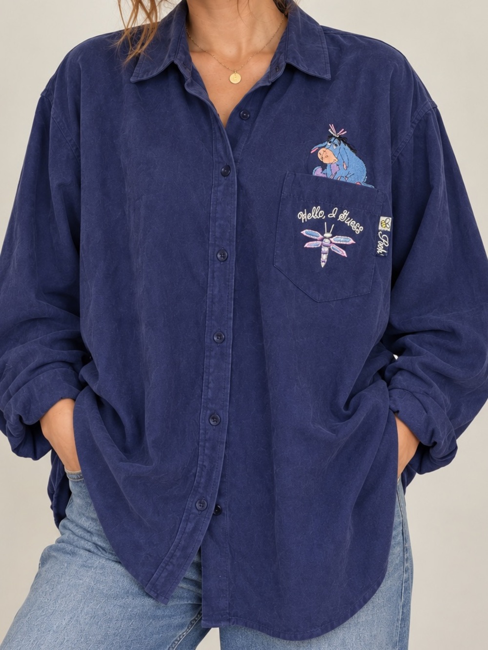 Vintage Disney Eeyore Embroidered Navy Oversized Button Up Shirt XL